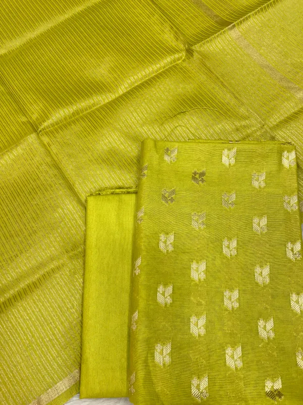 Olive_Green_Mercerize_Silk_Chunri_Booti_With_Tissue_Silk_Dupatta_Banarasi_3_Pcs_Suit_Set_Skl_Ms11