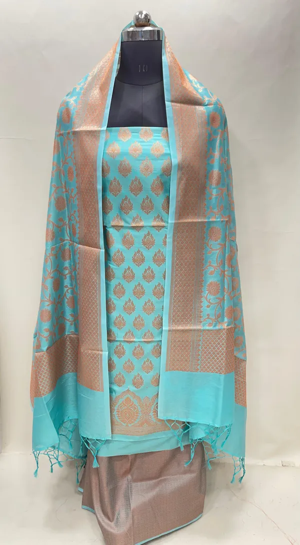 Humairah_Presents_Sea_Green_Semi_Katan_Silk_3_pcs_Suit_Set_with_Plain_Bottom_and_Top_Copper_Floral_Zari_Booti_with_Copper_Zari_Jaal_Dupatta_ASD_105
