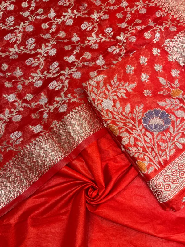 Humairah_Red_Semi_Georgette_Floral_Ikkat_Mina_Border_3_pcs_Suit_Set_with_Plain_Bottom_and_Floral_Zari_Jaal_Red_Dupatta