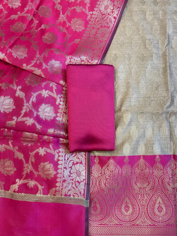 Beige_Art_Silk_Floral_Zari_Booti_Contrast_Banarasi_Suit_with_Magenta_Dupatta_625AJ_TPT60