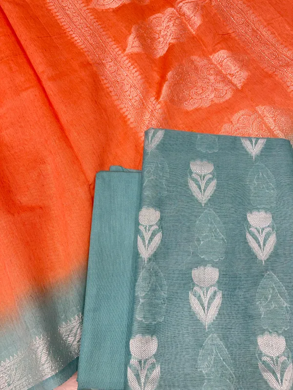 Seagreen_Linen_Dupion_With_Contrast_Dye_Orange_Dupatta_Banarasi_3_Pcs_Suit_Set_Skl_Ln17