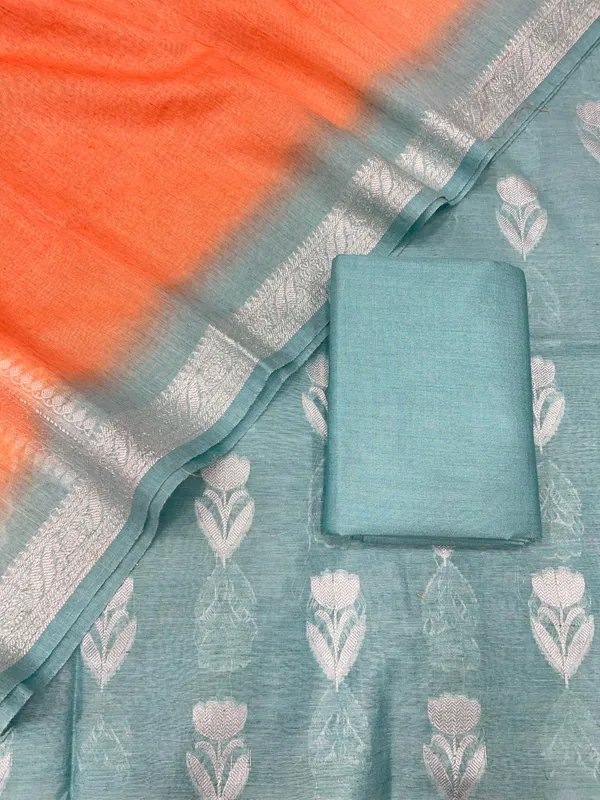 Seagreen_Linen_Dupion_With_Contrast_Dye_Orange_Dupatta_Banarasi_3_Pcs_Suit_Set_Skl_Ln17