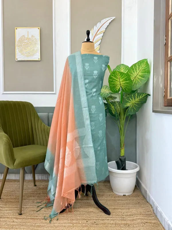 Seagreen_Linen_Dupion_With_Contrast_Dye_Orange_Dupatta_Banarasi_3_Pcs_Suit_Set_Skl_Ln17