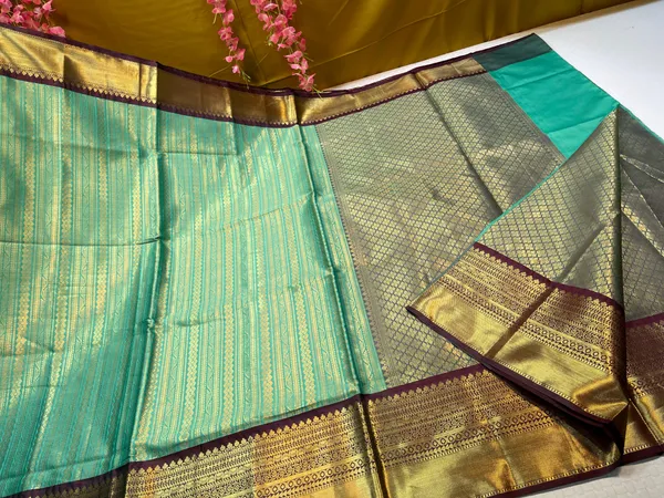 Seagreen_Semi_Kanchi_Silk_Stripe_Zari_Contrast_Brown_Border_Banarasi_Saree_MS_SK46