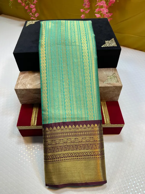 Seagreen_Semi_Kanchi_Silk_Stripe_Zari_Contrast_Brown_Border_Banarasi_Saree_MS_SK46