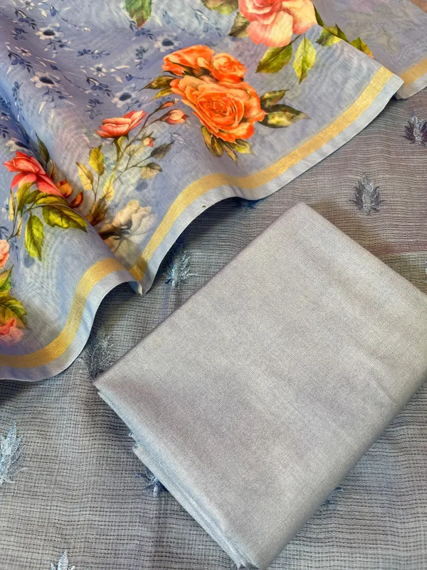Grey_Kota_Check_Resham_Embroidery_with_Digital_Print_Dupatta_Banarasi_Suit_Set
