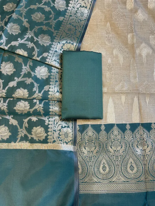 Beige_Art_Silk_Floral_Zari_Booti_Contrast_Banarasi_Suit_with_Darkgreen_Dupatta_625AJ_TPT45