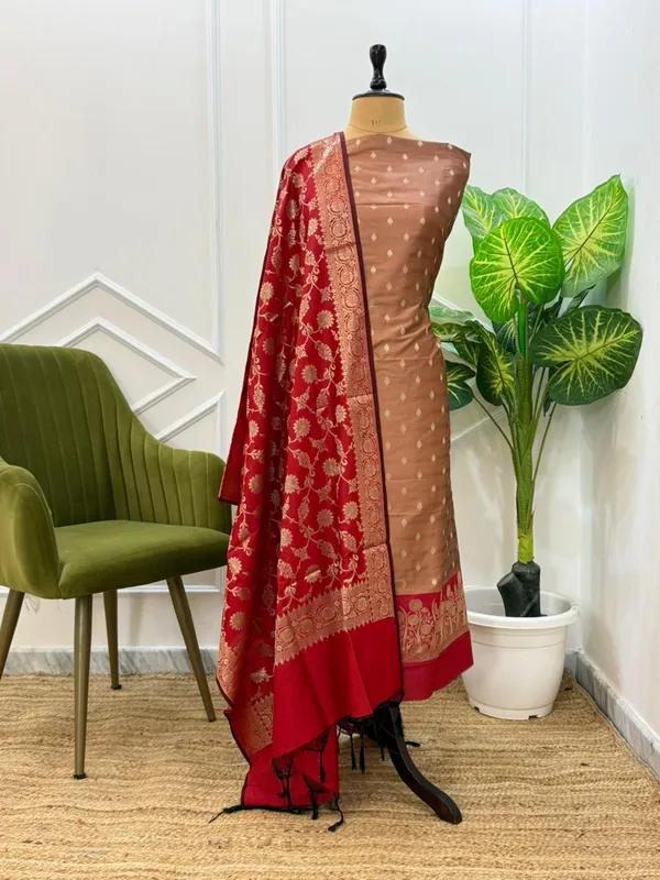 Brown_Katan_Silk_Floral_Chunri_Zari_Booti_Contrast_Daman_Banarasi_Suit_with_Red_Jaal_Dupatta_130PNJ_SC3
