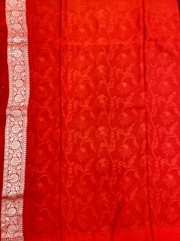 Humairah_Presents_Brown_Tussar_Silk_Handpainted_Floral_Zari_Jaal_with_Contrast_Red_Banarasi_Floral_Jaal_Pallu_Zari_Border_and_Red_Blouse