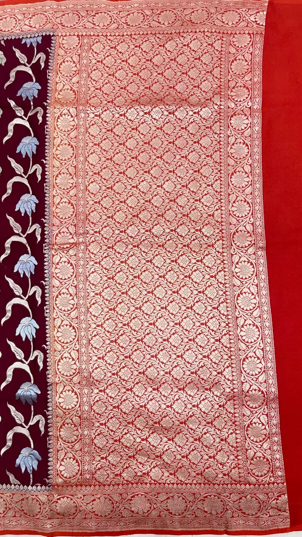 Humairah_Presents_Brown_Tussar_Silk_Handpainted_Floral_Zari_Jaal_with_Contrast_Red_Banarasi_Floral_Jaal_Pallu_Zari_Border_and_Red_Blouse