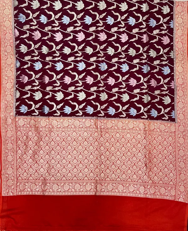 Humairah_Presents_Brown_Tussar_Silk_Handpainted_Floral_Zari_Jaal_with_Contrast_Red_Banarasi_Floral_Jaal_Pallu_Zari_Border_and_Red_Blouse
