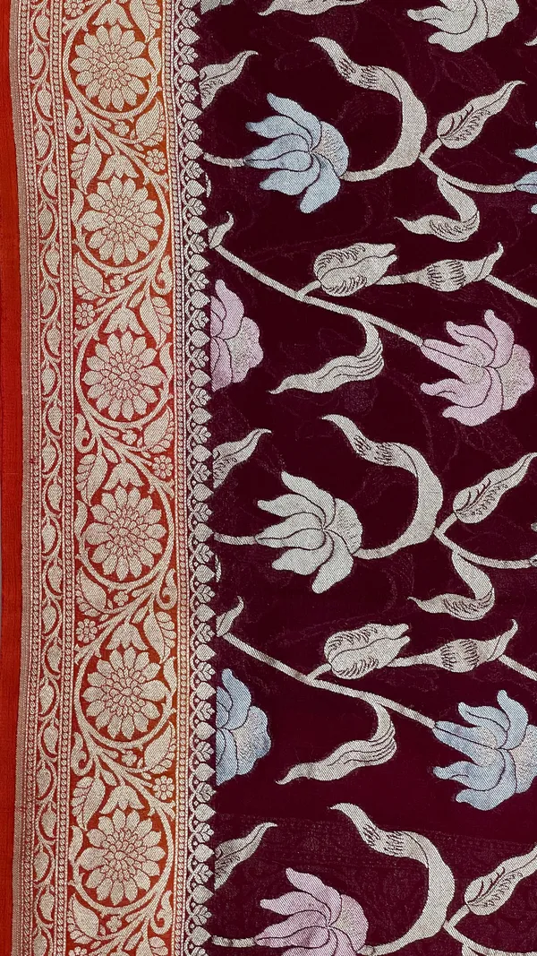 Humairah_Presents_Brown_Tussar_Silk_Handpainted_Floral_Zari_Jaal_with_Contrast_Red_Banarasi_Floral_Jaal_Pallu_Zari_Border_and_Red_Blouse