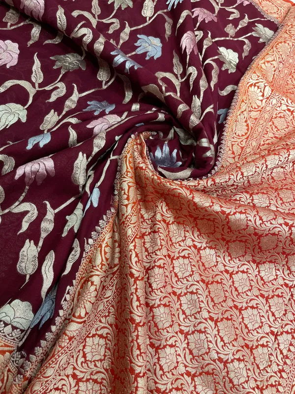 Humairah_Presents_Brown_Tussar_Silk_Handpainted_Floral_Zari_Jaal_with_Contrast_Red_Banarasi_Floral_Jaal_Pallu_Zari_Border_and_Red_Blouse