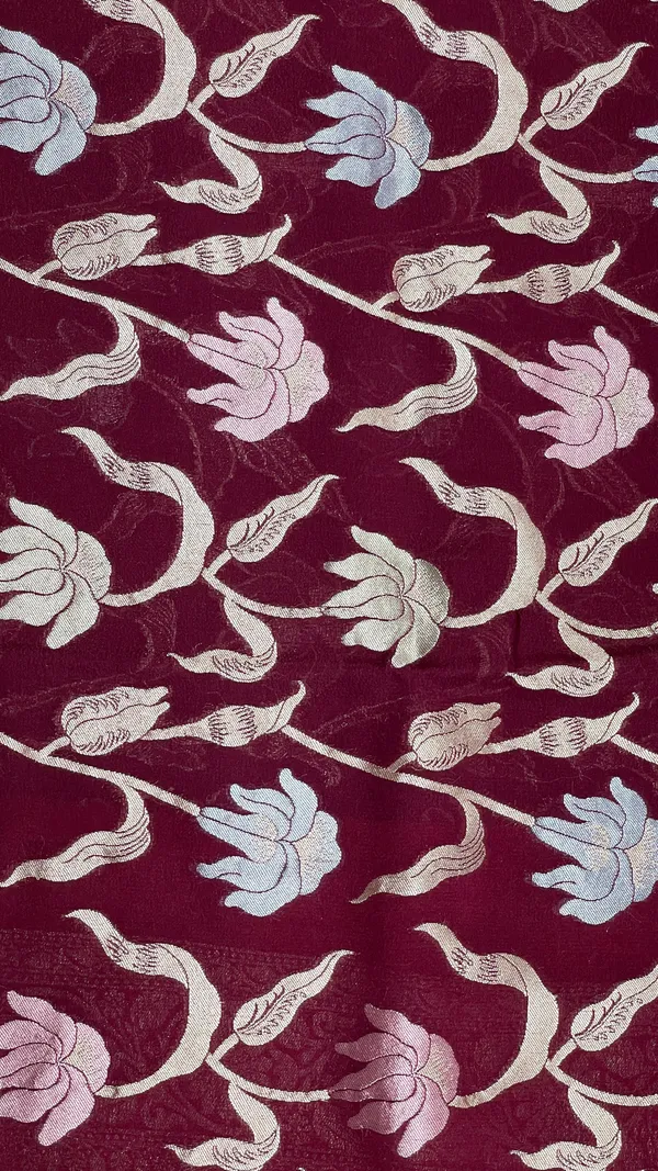 Humairah_Presents_Brown_Tussar_Silk_Handpainted_Floral_Zari_Jaal_with_Contrast_Red_Banarasi_Floral_Jaal_Pallu_Zari_Border_and_Red_Blouse