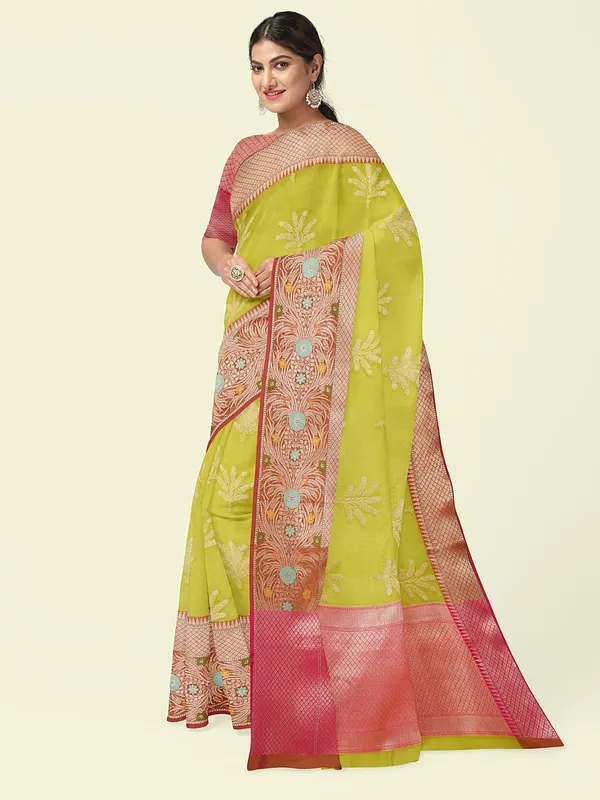 Green_Cotton_Blend_Banarasi_Sarees_For_Women_GEHKR_5