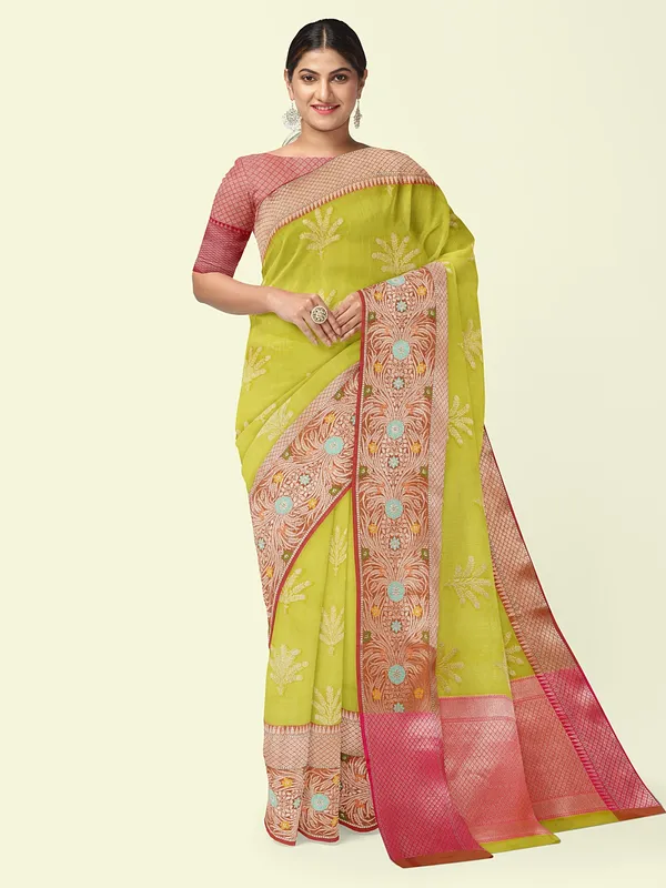 Green_Cotton_Blend_Banarasi_Sarees_For_Women_GEHKR_5