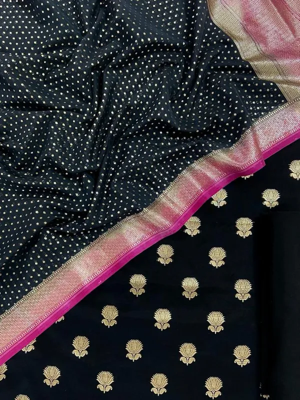 Pure_Mercerized_Lorex_Weave_Zari_Booti_With_Contrast_Magenta_Border_Chunri_Dupatta_Banarasi_Suit_Skl_Pm14