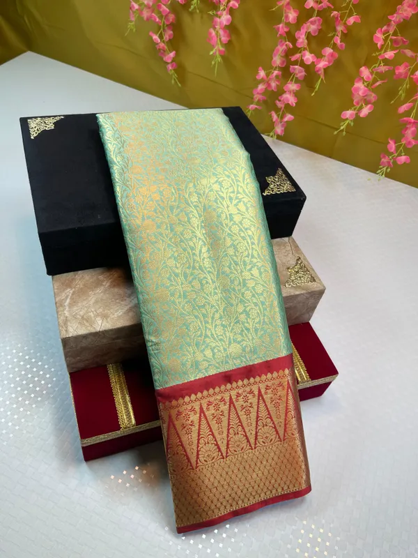 Seagreen_Semi_Kanchi_Silk_Brocade_Contrast_Red_Zig-Zag_Border_Banarasi_Saree_MS_SK26