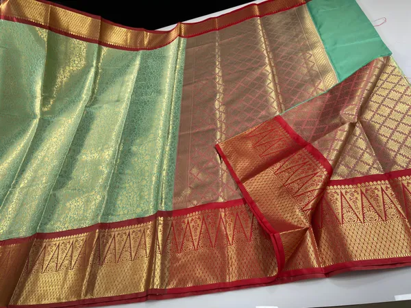 Seagreen_Semi_Kanchi_Silk_Brocade_Contrast_Red_Zig-Zag_Border_Banarasi_Saree_MS_SK26