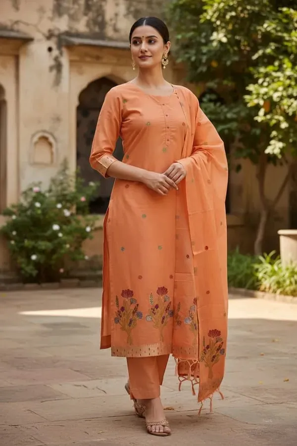 Orange_Cotton_Silk_Jamdani_weave_Banarasi_Suit_with_Jamdani_Print_Dupatta_650SKL_JM28