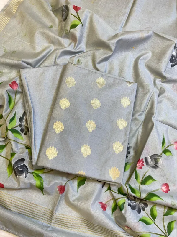 Grey_Pure_Mercerize_Silk_Zari_Booti_3_pcs_Suit_set_with_Handpainted_Dupatta_1000SKL_PM4