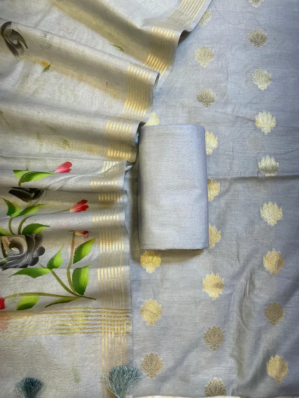 Grey_Pure_Mercerize_Silk_Zari_Booti_3_pcs_Suit_set_with_Handpainted_Dupatta_1000SKL_PM4