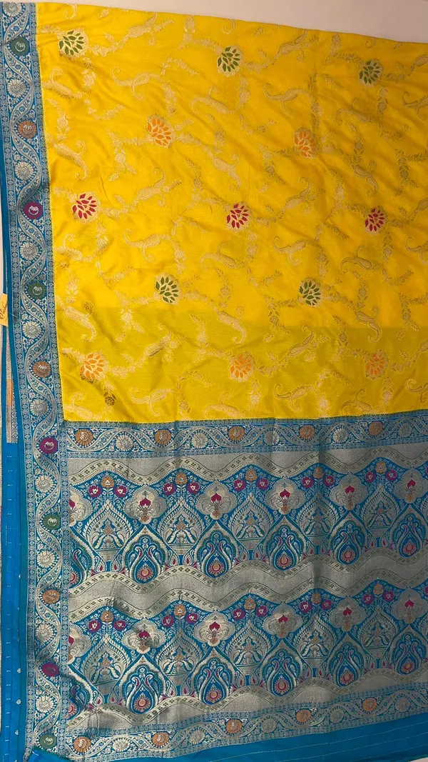 Humairah_Presents_Yellow_Dupion_Silk_Floral_Mina_Zari_Jaal_with_Contrast_Sky_Blue_Paithani_Mina_Zari_Pallu_Zari_Border_and_Sky_Blue_Blouse