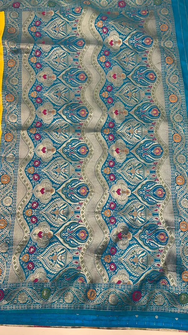 Humairah_Presents_Yellow_Dupion_Silk_Floral_Mina_Zari_Jaal_with_Contrast_Sky_Blue_Paithani_Mina_Zari_Pallu_Zari_Border_and_Sky_Blue_Blouse