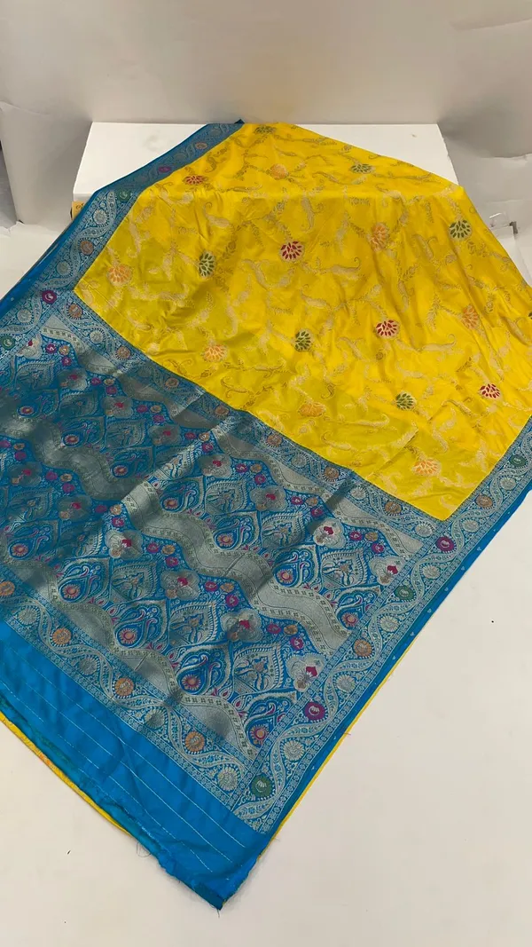 Humairah_Presents_Yellow_Dupion_Silk_Floral_Mina_Zari_Jaal_with_Contrast_Sky_Blue_Paithani_Mina_Zari_Pallu_Zari_Border_and_Sky_Blue_Blouse