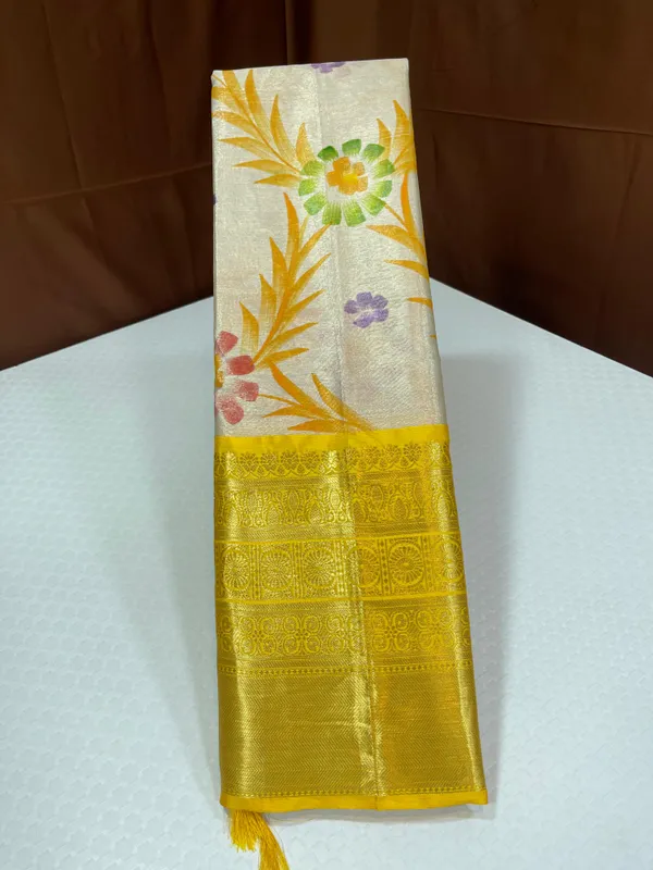 Off_white_Tissue_Silk_Floral_Handpainted_Jaal_Contrast_Yellow_Border_Banarasi_Saree_MS_TS21