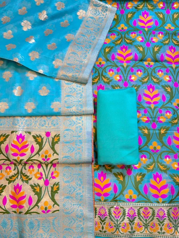 Sky_Blue_Jamdani_Weave_Cotton_Banarasi_3_pcs_Suit_Set_600SKL_JM9