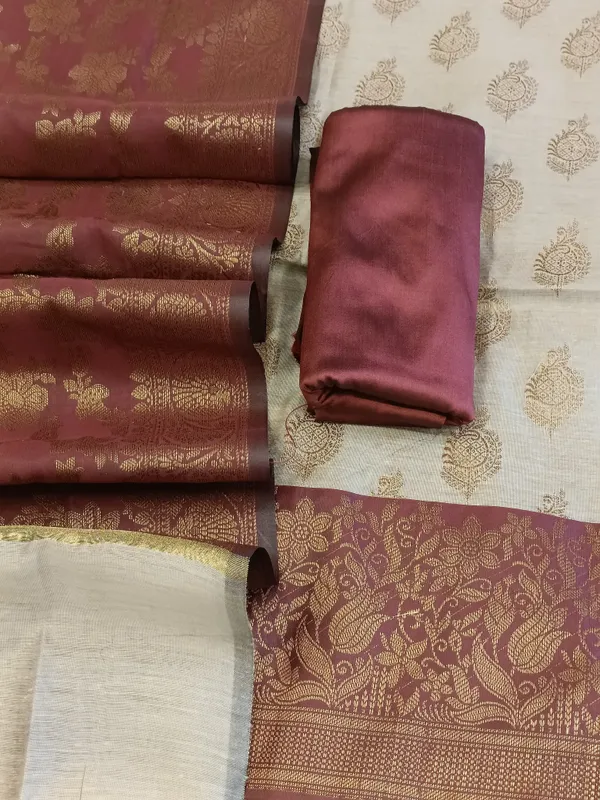 Tussar_Cotton_Floral_Zari_Booti_with_Contrast_Brown_Silk_Border_Banarasi_Suit_525IM_CTN11
