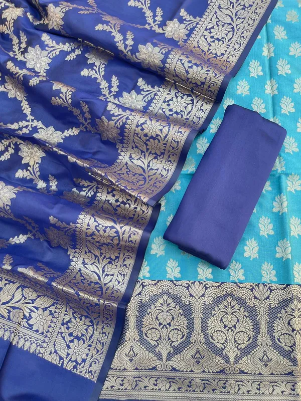 Blue_Semi_Silk_Floral_Zari_Banarasi_Suit_with_Contrast_Navy_Border_&_Floral_Jaal_Dupatta_78ASD_KS3