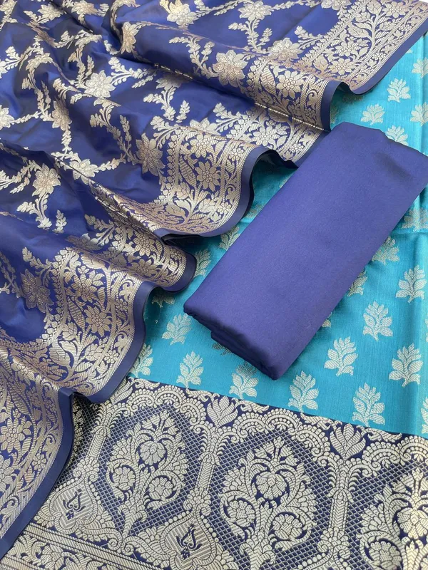 Blue_Semi_Silk_Floral_Zari_Banarasi_Suit_with_Contrast_Navy_Border_&_Floral_Jaal_Dupatta_78ASD_KS3