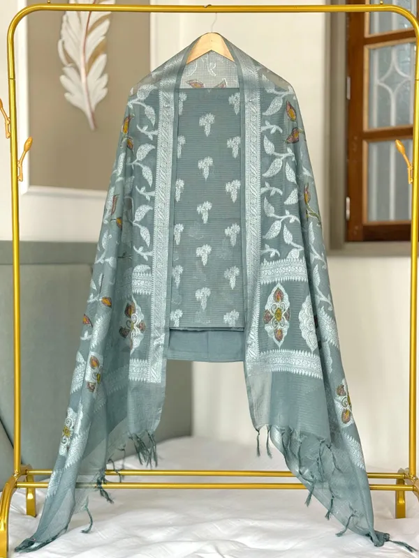 Grey_Pure_Mercerised_Kota_Check_Banarasi_Suit_with_Resham_Weave_Hand-Brush_Dupatta_1250SKL_PMK5