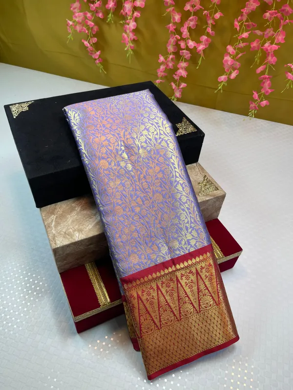 Blue_Semi_Kanchi_Silk_Brocade_Contrast_Red_Zig-Zag_Border_Banarasi_Saree_MS_SK25