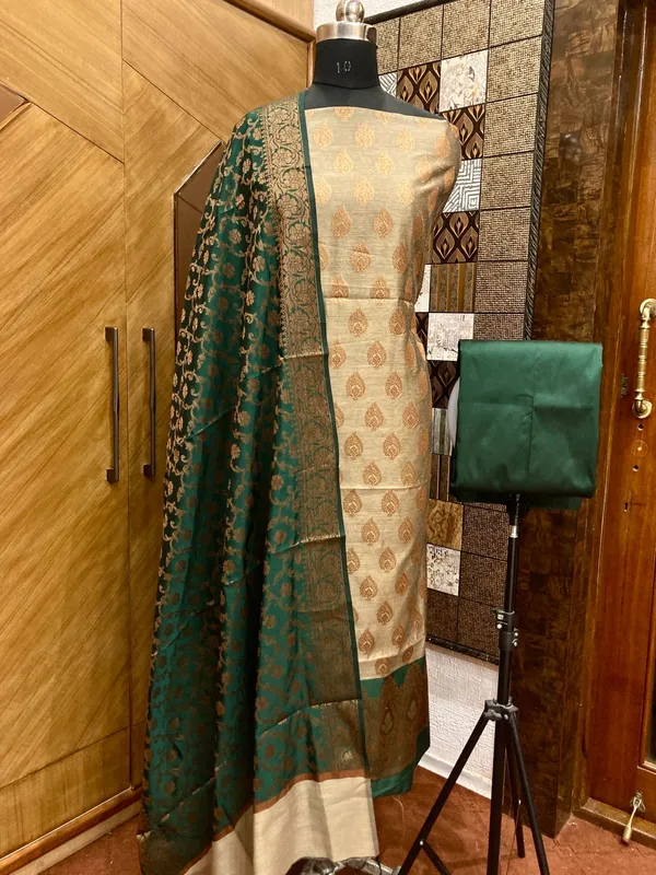 Tussar_Cotton_weave_Zari_Booti_Contrast_Dark_Green_Border_Banarasi_Suit_600SKL_CT2