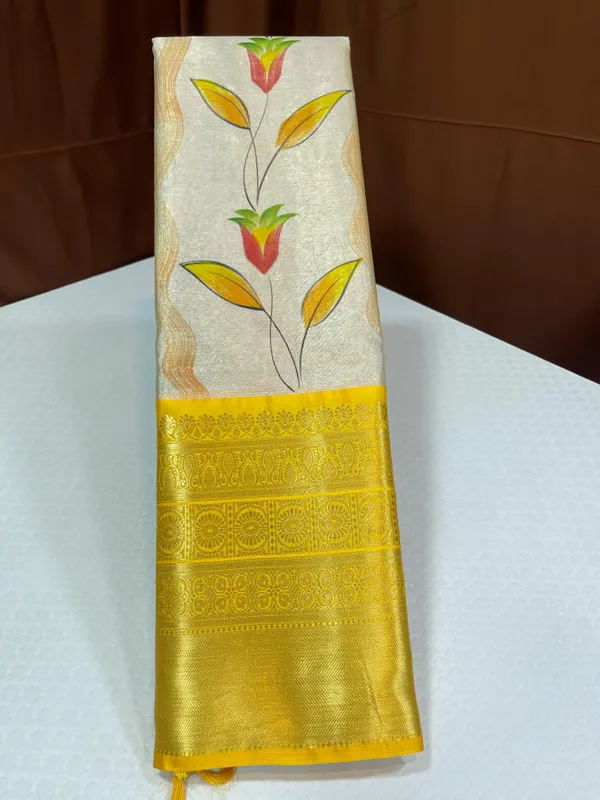 Off_white_Tissue_Silk_Floral_Handpainted_Boota_Contrast_Gold_Border_Banarasi_Saree_MS_TS17