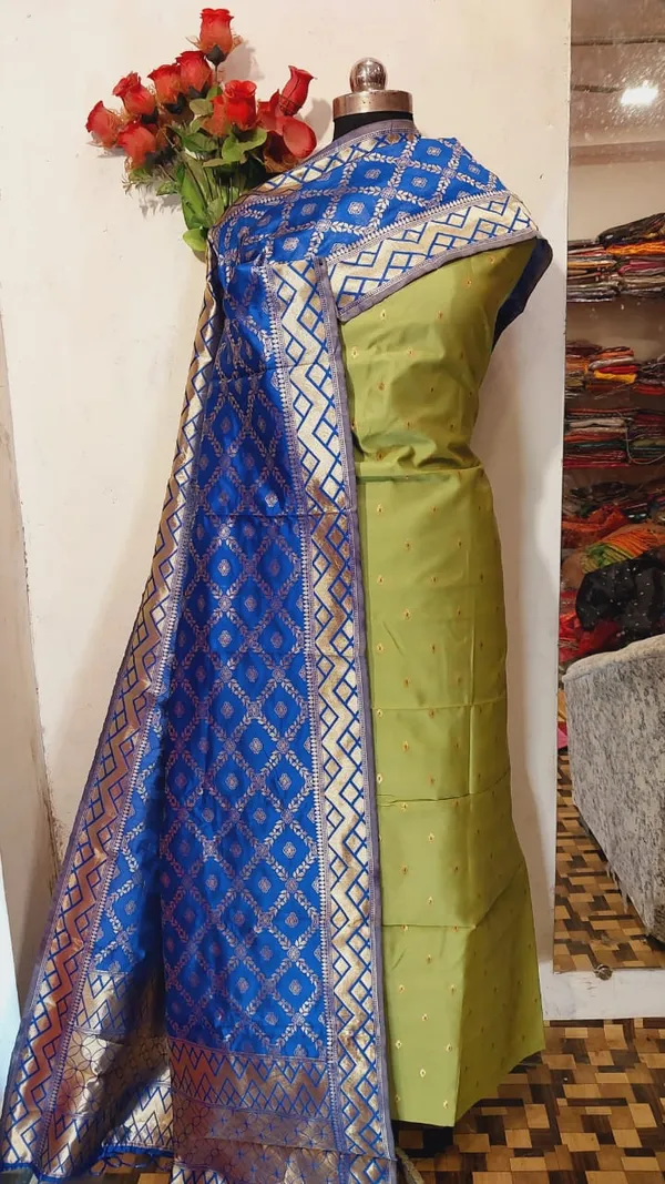 Olive_Green_Biba_Silk_Chunri_Booti_Banarasi_Suit_with_Contrast_Zari_Checkered_Blue_Dupatta_625SKL_BBS21