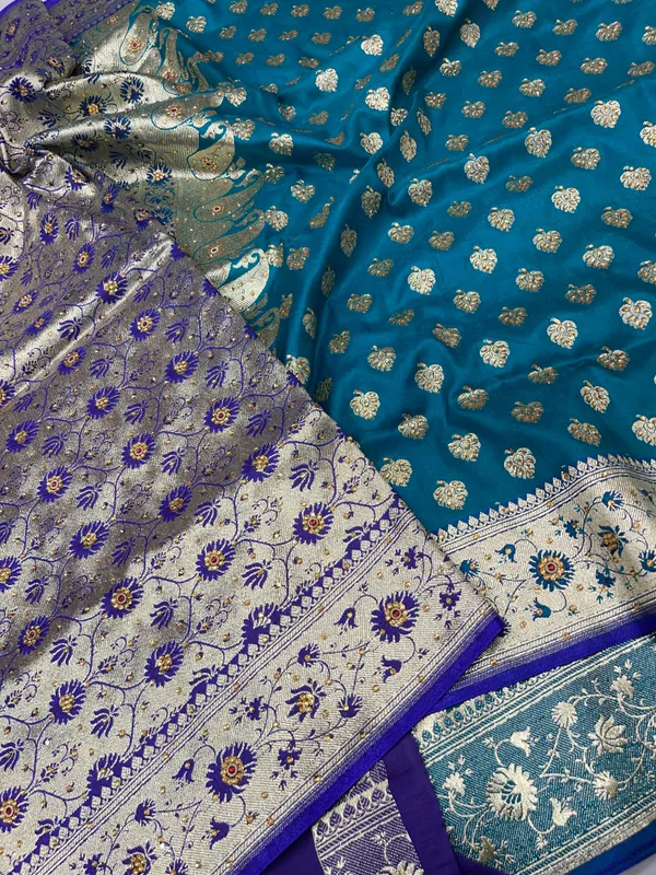 Humairah_Presents_Seagreen_Satin_Silk_Floral_Zari_Booti_Low_Stone_Work_Banarasi_Saree_with_Contrast_Purple_Pallu_and_Purple_Blouse_JA30_LW