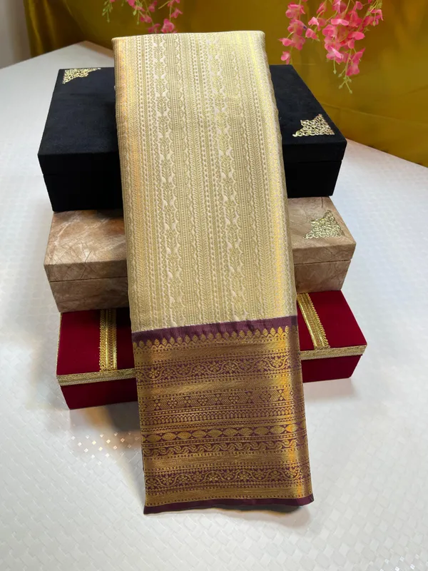 Tussar_Semi_Kanchi_Silk_Stripe_Zari_Contrast_Brown_Border_Banarasi_Saree_MS_SK48