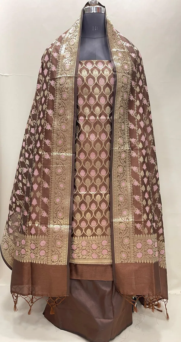 Humairah_Presents_Brown_Semi_Katan_Silk_3_pcs_Suit_Set_with_Plain_Bottom_and_Top_Floral_Minakari_Zari_Booti_with_Stripe_Mina_Brown_Dupatta_ASD_106
