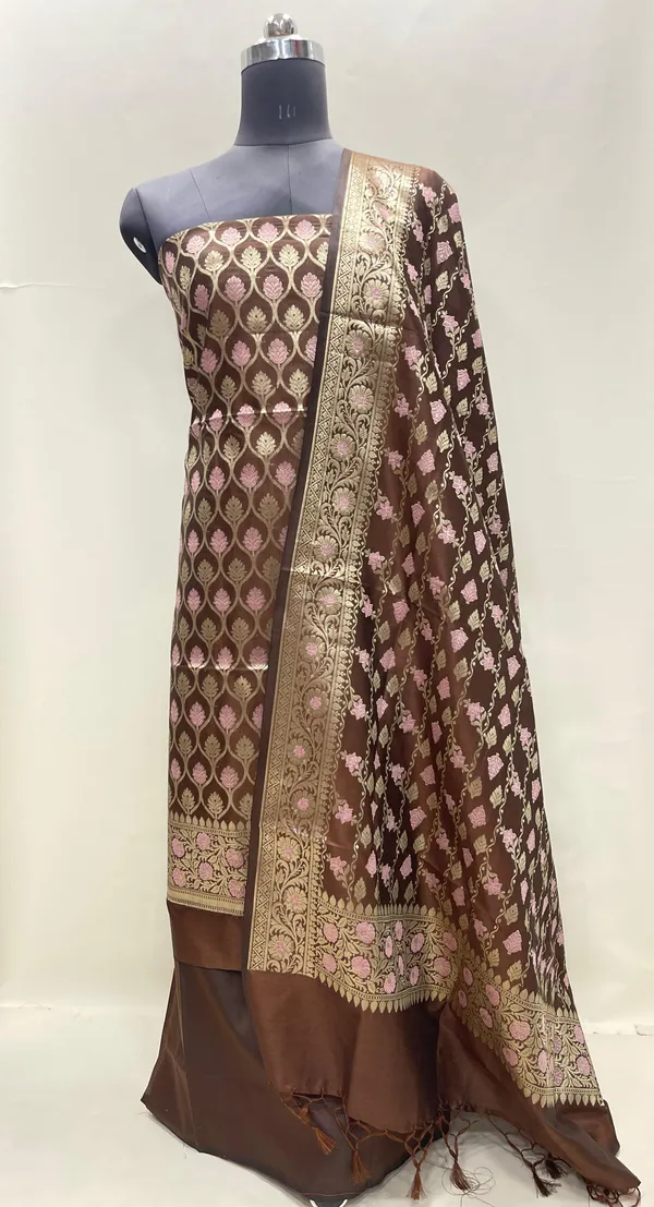 Humairah_Presents_Brown_Semi_Katan_Silk_3_pcs_Suit_Set_with_Plain_Bottom_and_Top_Floral_Minakari_Zari_Booti_with_Stripe_Mina_Brown_Dupatta_ASD_106