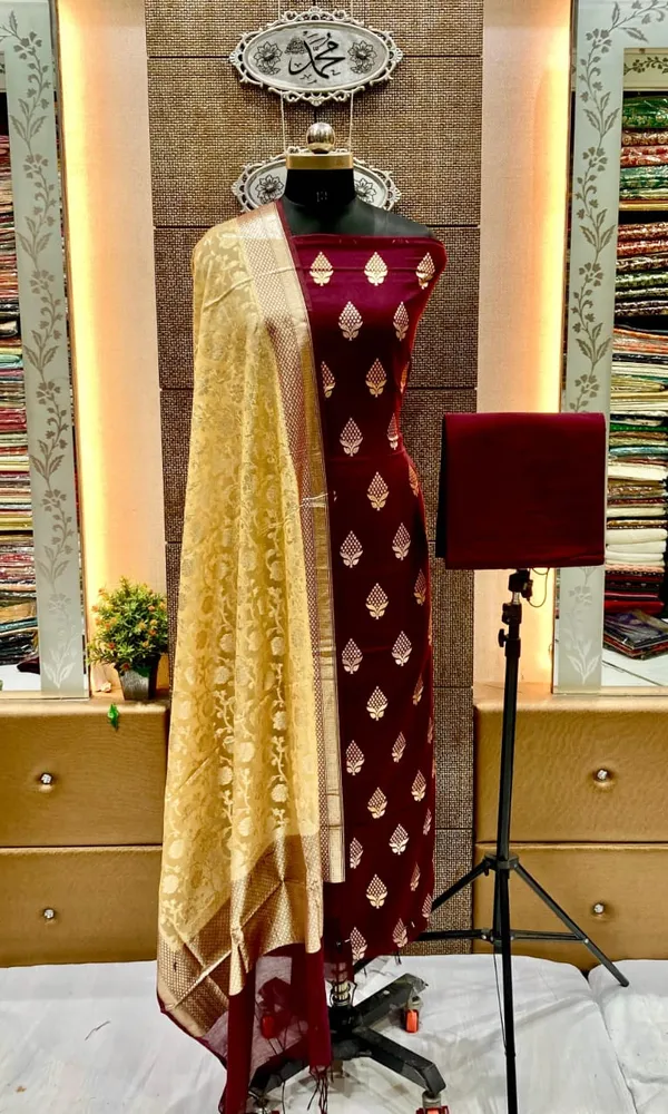 Wine_Pure_Mercerise_Floral_Zari_Booti_with_Lorex_weave_Yellow_Dupatta_Suit_Set_12SKL_PML21