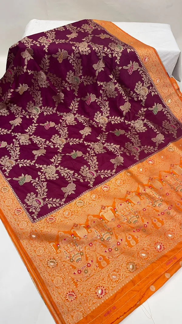 Humairah_Presents_Brown_Dupion_Silk_Floral_Mina_Zari_Jaal_with_Contrast_Mustard_Paithani_Mina_Zari_Pallu_Zari_Border_and_Mustard_Blouse