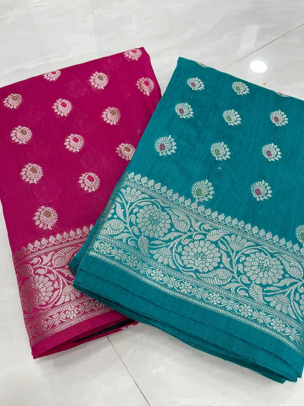 Humairah_Pure_Handloom_Magenta_Munga_Silk_Floral_Gold_Mina_Zari_Booti_with_Banarasi_Floral_Jaal_Pallu_Zari_Border_and_Magenta_Blouse