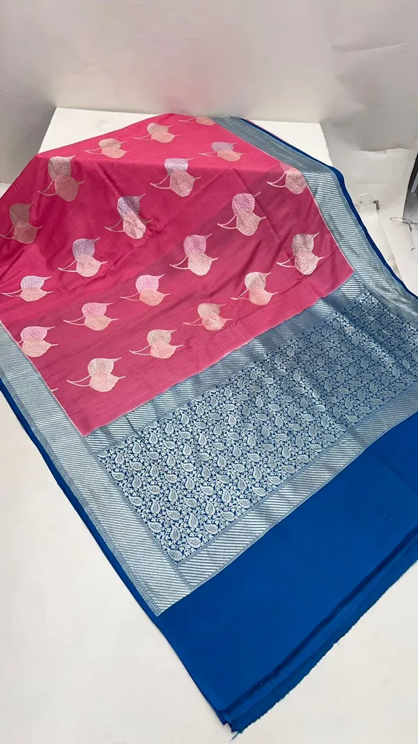 Humairah_Presents_Baby_Pink_Tussar_Silk_Floral_Sona_Rupa_Leaf_Boota_with_Contrast_Blue_Banarasi_Pallu_Zari_Border_and_Blue_Blouse