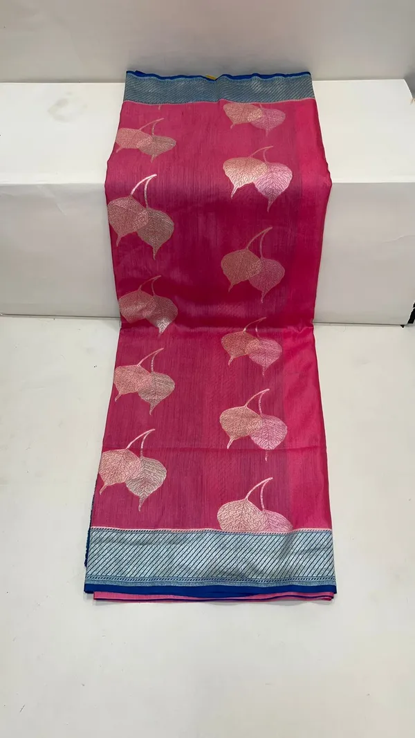 Humairah_Presents_Baby_Pink_Tussar_Silk_Floral_Sona_Rupa_Leaf_Boota_with_Contrast_Blue_Banarasi_Pallu_Zari_Border_and_Blue_Blouse