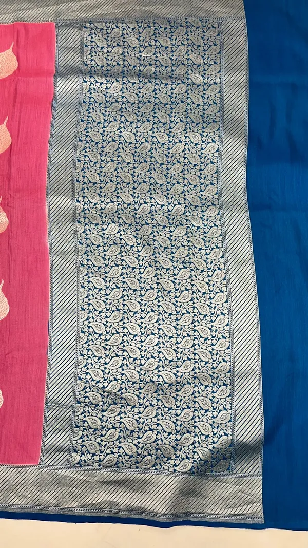 Humairah_Presents_Baby_Pink_Tussar_Silk_Floral_Sona_Rupa_Leaf_Boota_with_Contrast_Blue_Banarasi_Pallu_Zari_Border_and_Blue_Blouse
