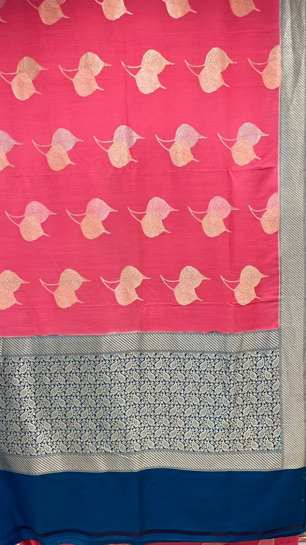 Humairah_Presents_Baby_Pink_Tussar_Silk_Floral_Sona_Rupa_Leaf_Boota_with_Contrast_Blue_Banarasi_Pallu_Zari_Border_and_Blue_Blouse